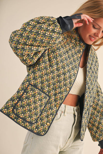 FLORAL QUILTED JACKET WITH RIBBON SLEEVE DETAIL MJK4432: Navy Teal Multi Floral / S