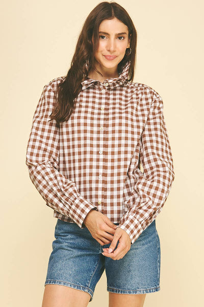 Ruffle Collar Button Down Long Sleeve Shirt - Gingham Check Brown