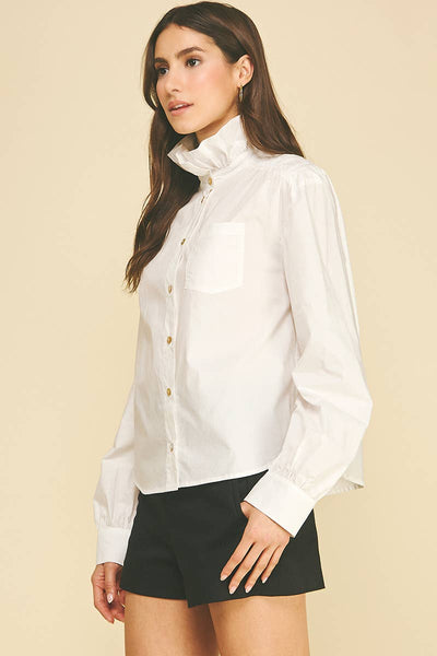 Ruffled High-neck Button Down Shirt: Off White