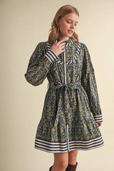 Floral Button Down Belted Mini Dress - Navy Garden