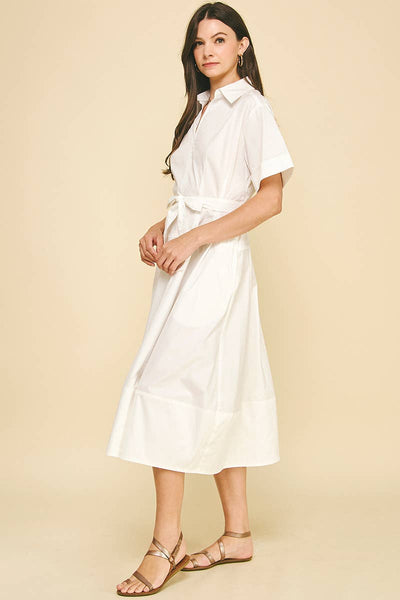 Collared V-Neck Midi Dress - Off White