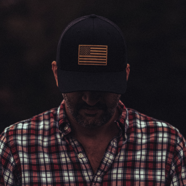 American Flag Hat - Leather Patch Trucker Snapback: Black