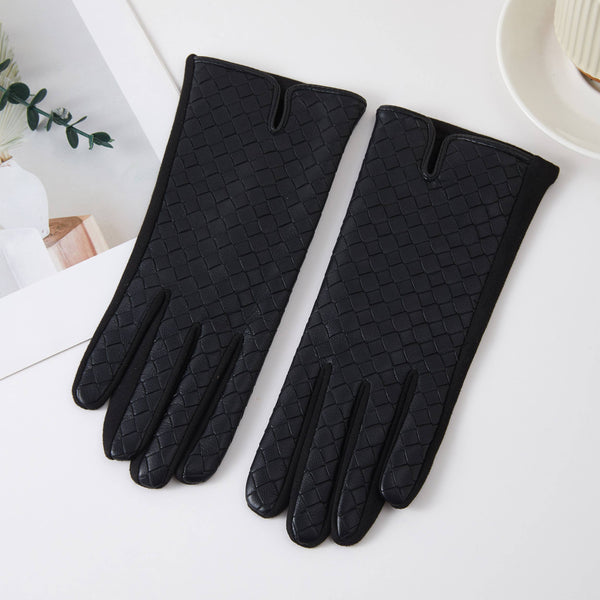 Woven Pattern Faux Leather Winter Gloves: Taupe