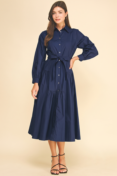 SOLID BUTTON DOWN TIERED MIDI DRESS - 7630D: INK / S