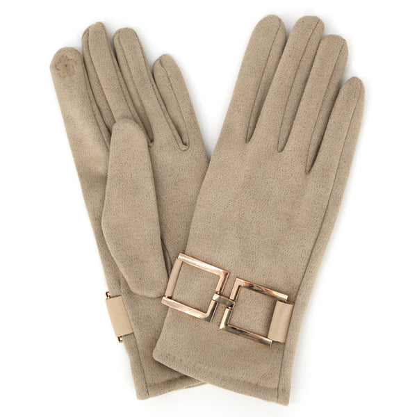 Square Buckle Accent Faux Suede Touchscreen Gloves: Taupe