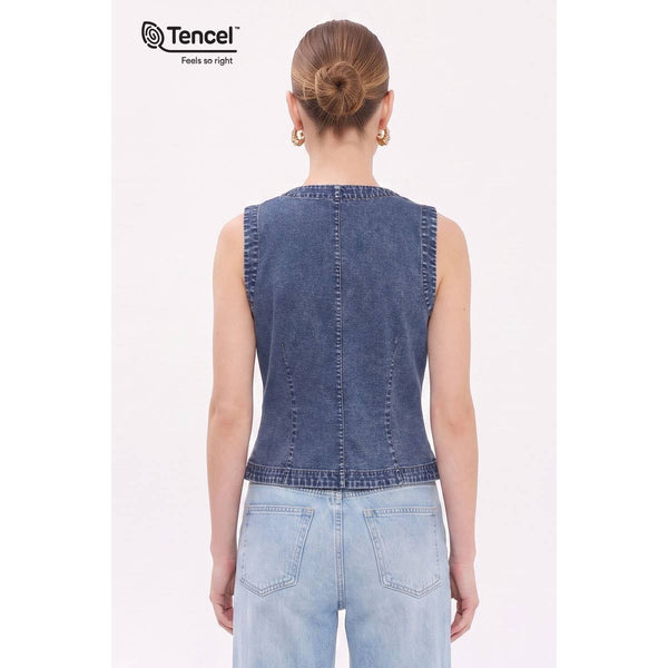Tencel Acid Wash Denim Vest With Front Welt Pockets: Dark Blue