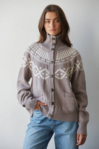 Knit Buttondown Long Sleeve Fair Isle Cardigan : Dark Heather Mocha