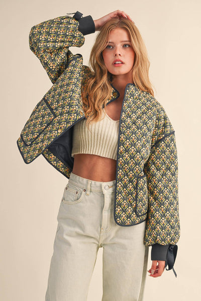 FLORAL QUILTED JACKET WITH RIBBON SLEEVE DETAIL MJK4432: Navy Teal Multi Floral / S