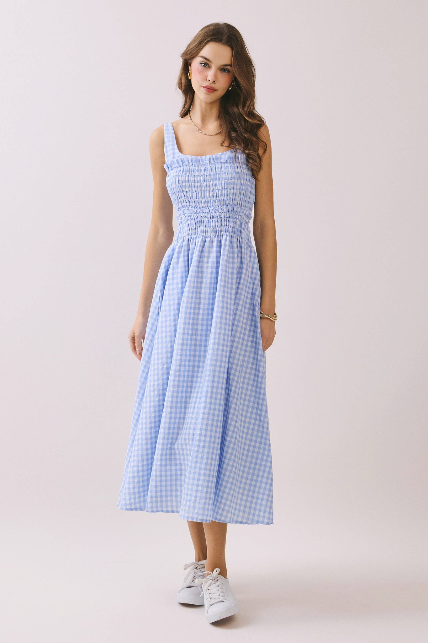 Gingham Smocked Bodice Midi Dress