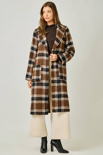 Plaid Long Coat: Mocha/Navy