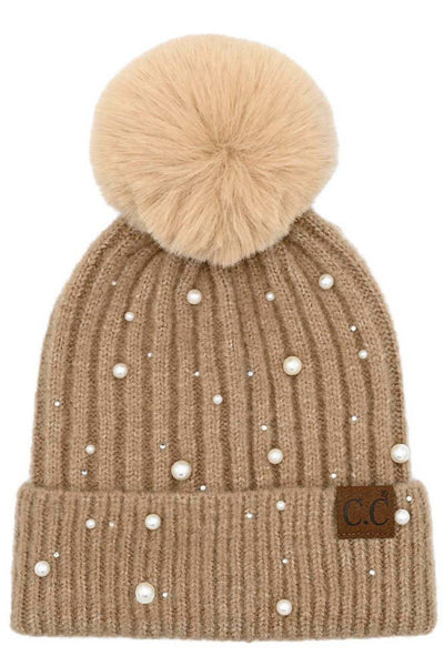C.C Pearl Embellishments Pom Beanie: Light Gray