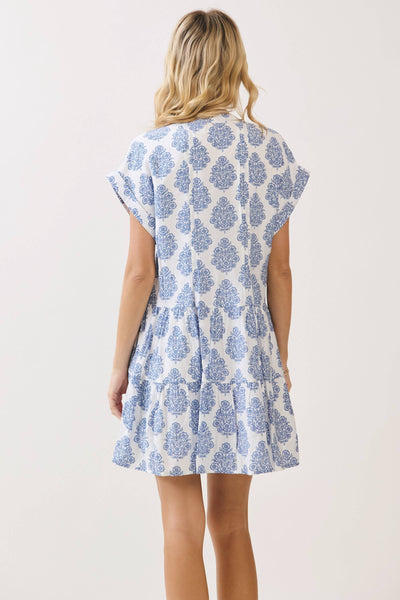 Printed Notch Neckline Tiered Mini Dress - Blue
