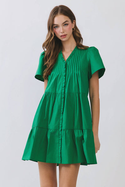 Front Button Down Pleated Detail Ruffle Mini Dress - Green
