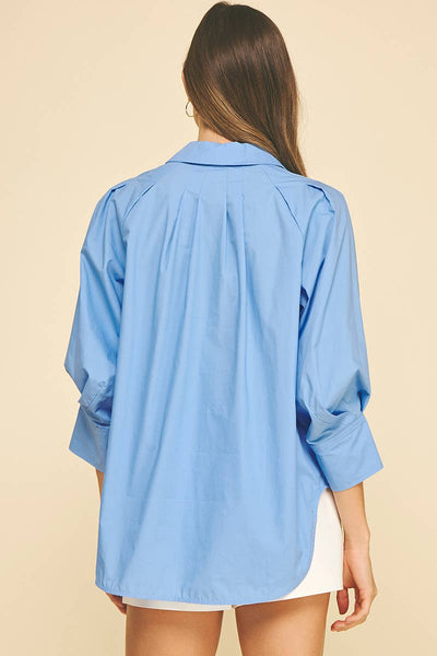 V-Neck Collar Wide Cuff Shirt - French Blue