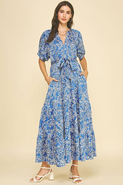 DAMASK PRINT TIERED MAXI DRESS - 6132DA: DEEP BLUE / S