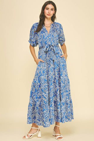 Damask Print Tiered Maxi Dress - Deep Blue