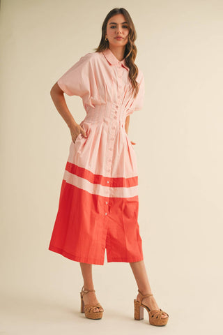 Button Down Midi Dress - Peach & Red
