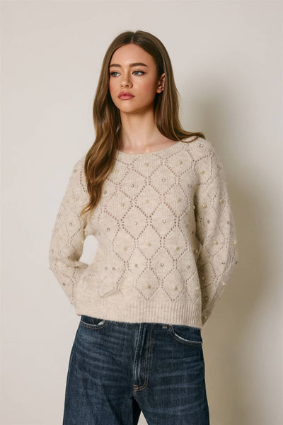 Pearl Embellished Diamond Pointelle Sweater: Ivory