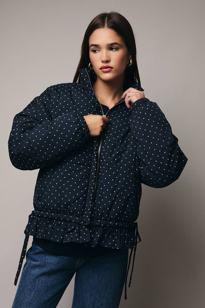 High Neck Long Sleeve Polka Dot Ruffle Quilted Jacket: Navy