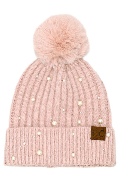 C.C Pearl Embellishments Pom Beanie: Camel