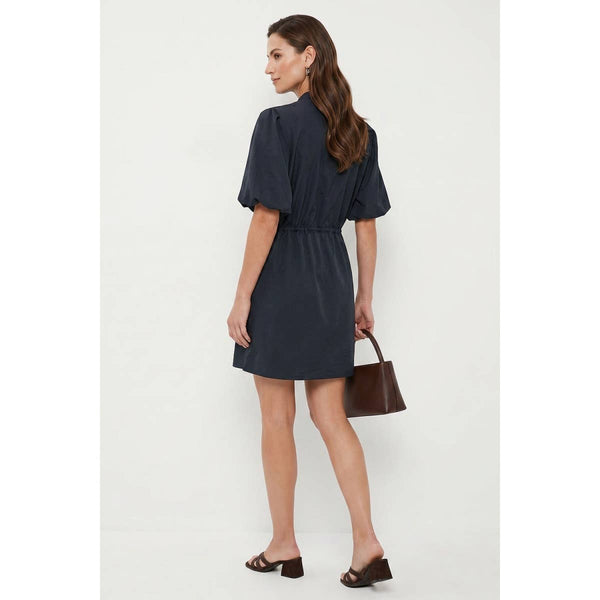 Puff Sleeve Cinched Waist Mini Dress: Navy / S