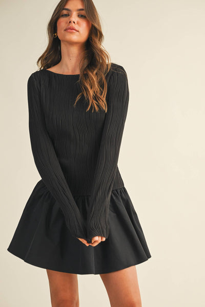 Boat Neck Long Sleeve Mini Dress - Black