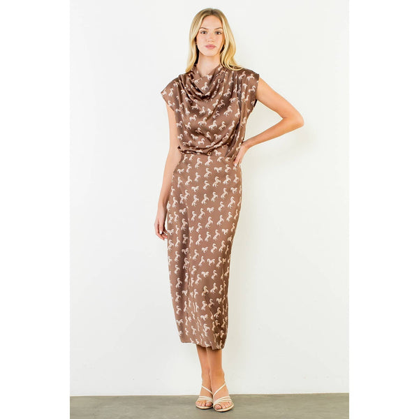 Satin Horse Print Skirt & Top Set: Brown