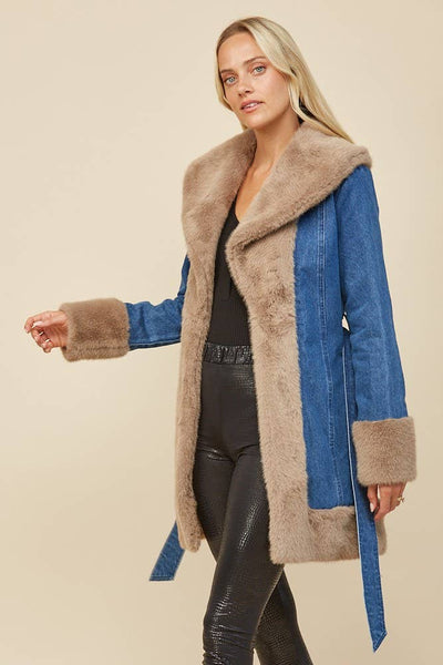 Soft Faux Fur Lined Denim Coat with Sash: Taupe