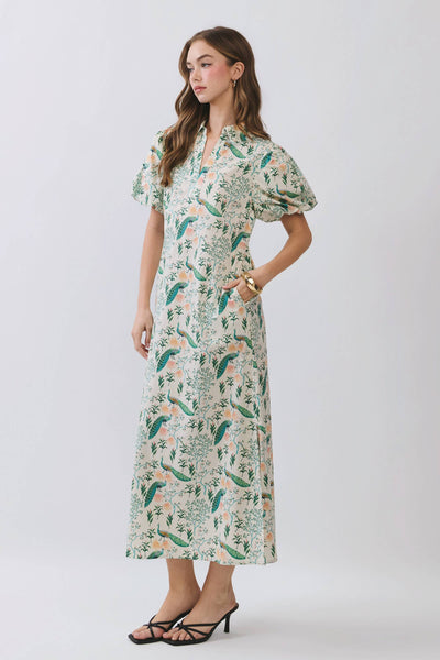 Peacock Print Puff Sleeve Midi Dress - Cream