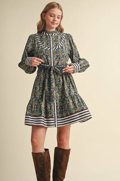 Floral Button Down Belted Mini Dress - Navy Garden