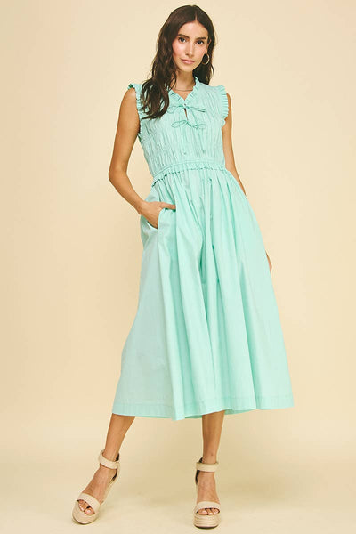 Front-Tie Smocking Midi Dress - Aqua