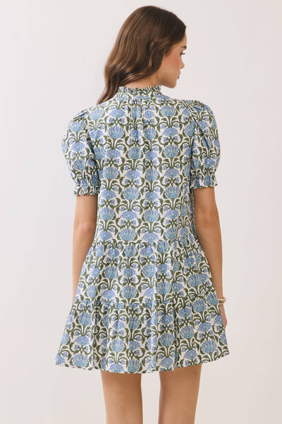 Floral Print Puff Sleeve Button Front Mini Dress - Blue