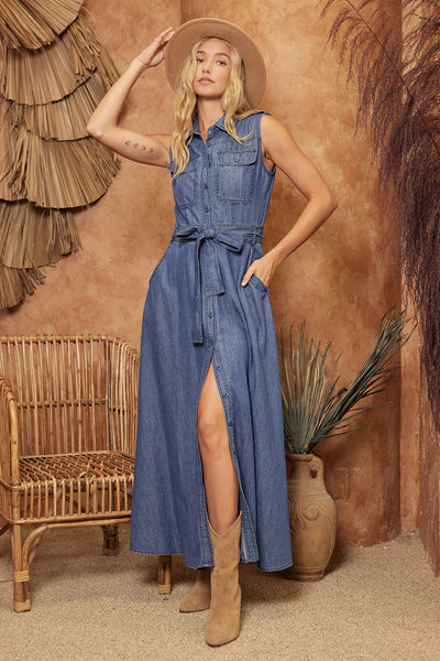 Denim Button-Down Maxi Dress - Dark Wash