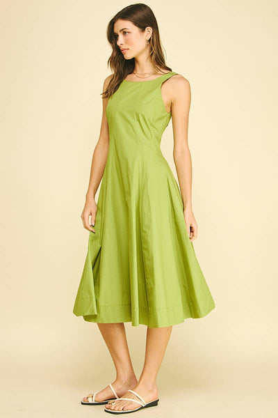 Fitted Bodice Flared Midi Dress - Matcha Green