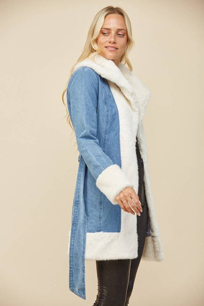 Soft Faux Fur Lined Denim Coat with Sash: Taupe