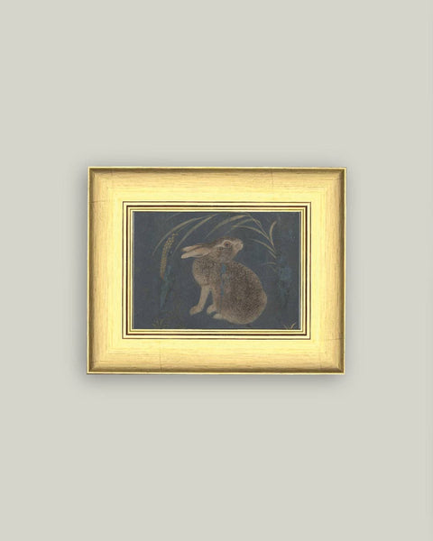 Brown Rabbit on Navy Framed Antique Art: 8x6