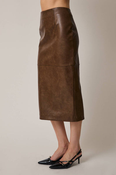 Leather Front Slit Midi Skirt: Brown