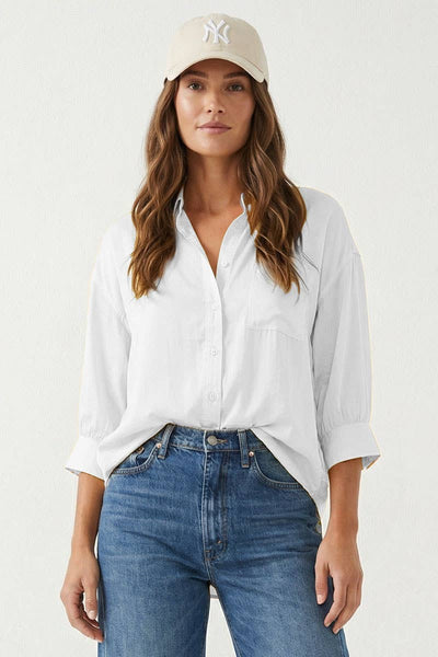 Oversized 3/4 Sleeve Button Up Blouse: Off White / L