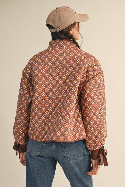 FLORAL QUILTED JACKET WITH RIBBON SLEEVE DETAIL MJK4432: Navy Teal Multi Floral / S