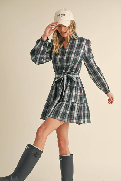 Plaid Mini Dress with Ruffle Trim