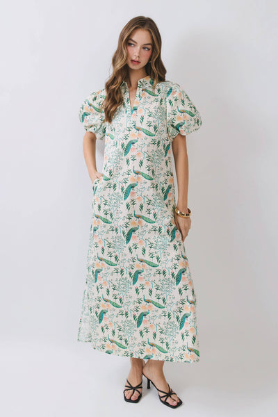 Peacock Print Puff Sleeve Midi Dress - Cream