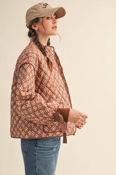 FLORAL QUILTED JACKET WITH RIBBON SLEEVE DETAIL MJK4432: Navy Teal Multi Floral / S