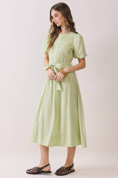 Pintuck Detail Puff Sleeve Tie-Waist Midi Dress - Mint
