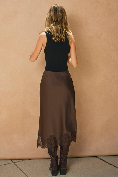 Satin Lace Hem Pencil Skirt: Dark Chocolate