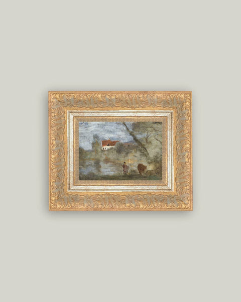 Cowherd by the Pond Framed Antique Art: 32x18