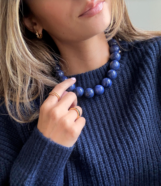 Été Hand Knotted Beaded Necklace  PVD Beads: Lapis / Lobster claw with extender