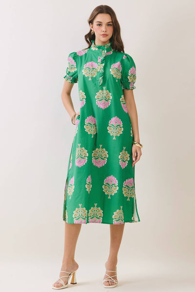 Floral Print Ruffle Collar Button Down Midi Dress - Green