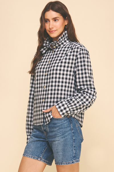 Ruffle Collar Button Down Long Sleeve Shirt - Gingham Check Blacck
