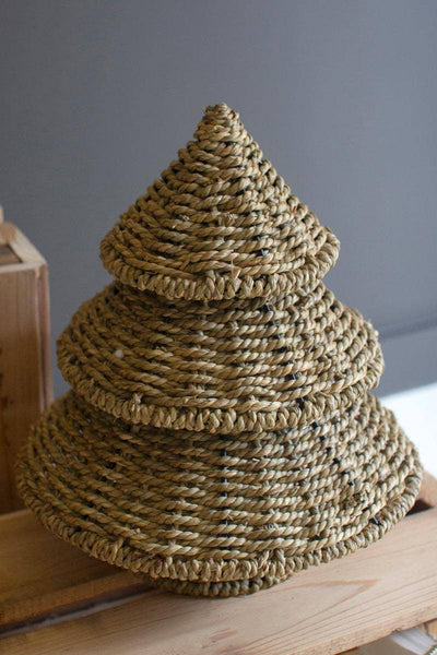 SET OF TWO SMALL WOVEN VINE CHRISTMAS TREES: Brown / Vine/Metal / Large: 12"d x 15"t;  
Small: 11"d x 12"t