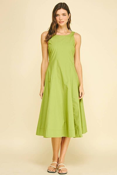 Fitted Bodice Flared Midi Dress - Matcha Green